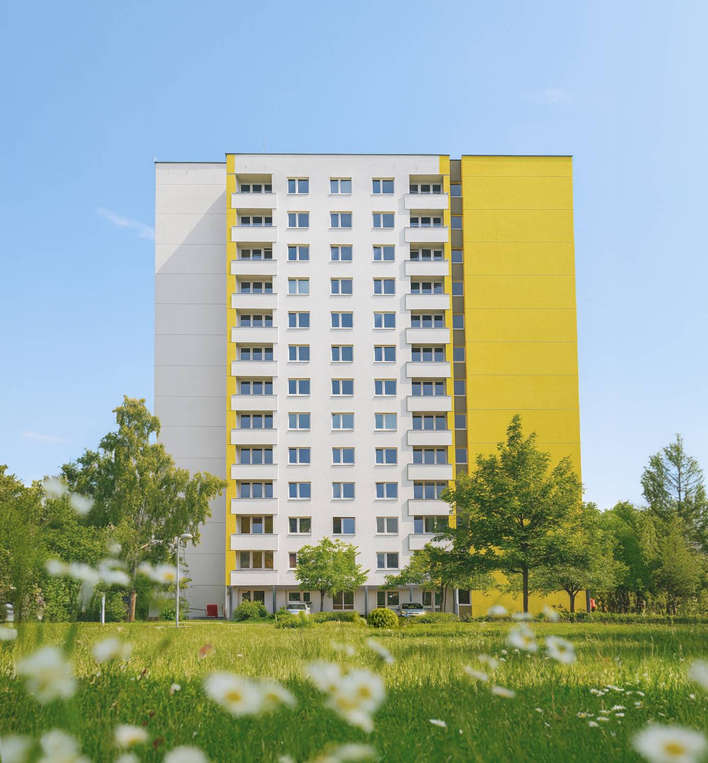 Studentenwohnheim Hildebrandstrasse in Dresden – modernes Hochhaus mit gelber Fassade und Wiese im Vordergrund