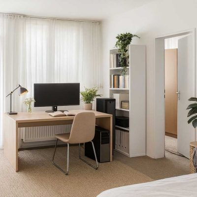 Helles Arbeitszimmer mit Schreibtisch, Stuhl, Regal und Computer im Studentenwohnheim Hildebrandstrasse Dresden