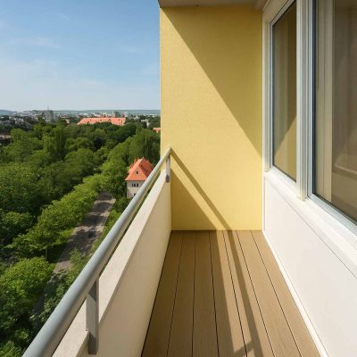 Sonniger Balkon mit Holzboden und Blick ins gruene Dresden im Studentenwohnheim Hildebrandstrasse