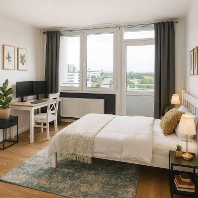 Modernes Einzelzimmer mit Bett, Schreibtisch, Computer und grossem Fenster im Studentenwohnheim Hildebrandstrasse Dresden