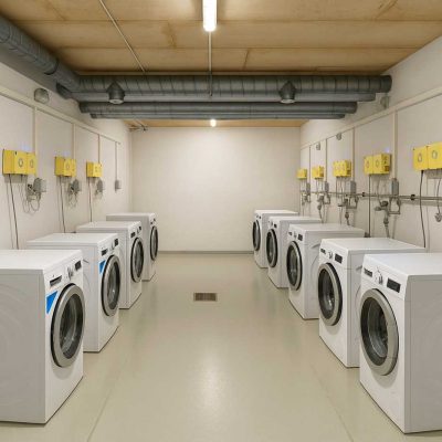 Waschraum mit mehreren Waschmaschinen im Studentenwohnheim Hildebrandstraße Dresden